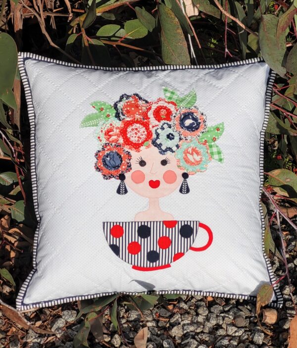 rosie-lee cuppatea, teacup girls applique, cushion pattern, applique pattern